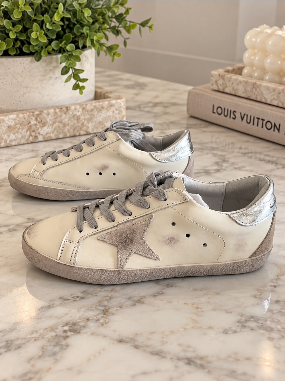 Golden Goose Women’s Superstar Sneakers in Cream & Silver